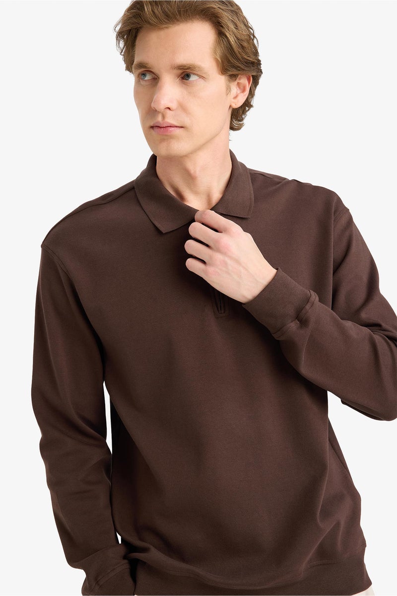 DeFacto Brown Man Regular Fit Polo Collar Sweatshirt with Half Zip Casual - Image 3